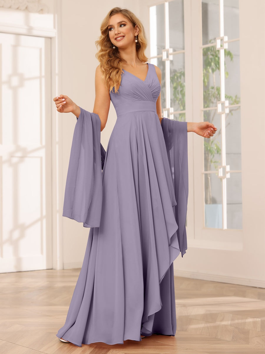 V-Neck Sleeveless A-Line Princess Floor-Length Asymmetrical Ruffled Bridesmaid Dresses