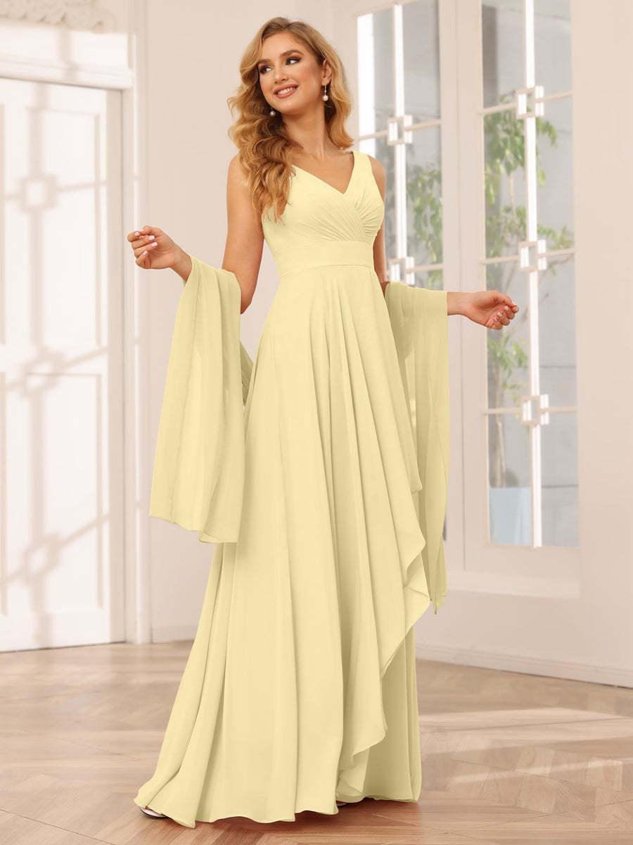 V-Neck Sleeveless A-Line Princess Floor-Length Asymmetrical Ruffled Bridesmaid Dresses