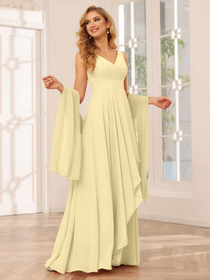 V-Neck Sleeveless A-Line Princess Floor-Length Asymmetrical Ruffled Bridesmaid Dresses
