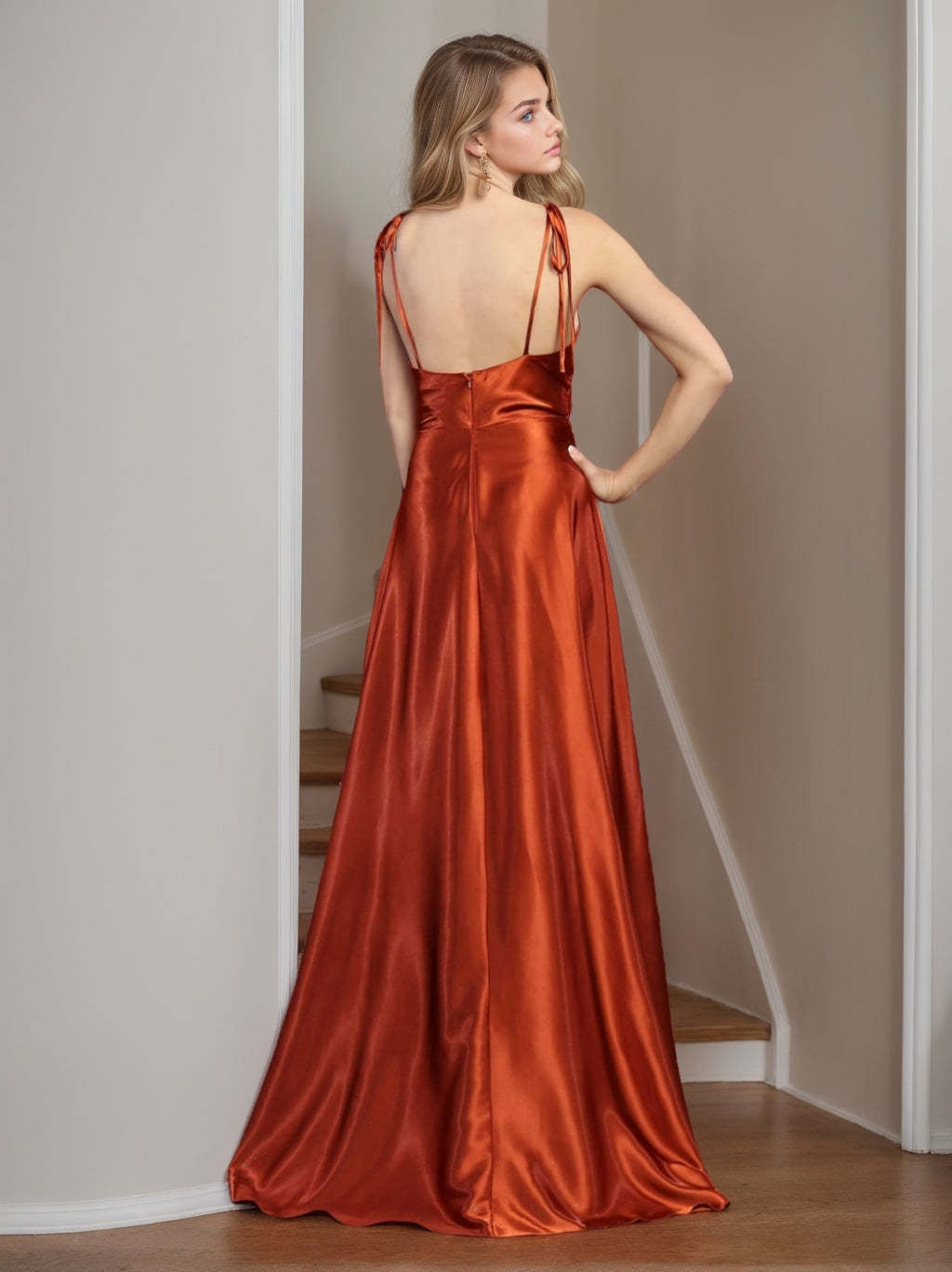 Spaghetti Strap Floor-Length A-Line Bridesmaid Dress with Side Split