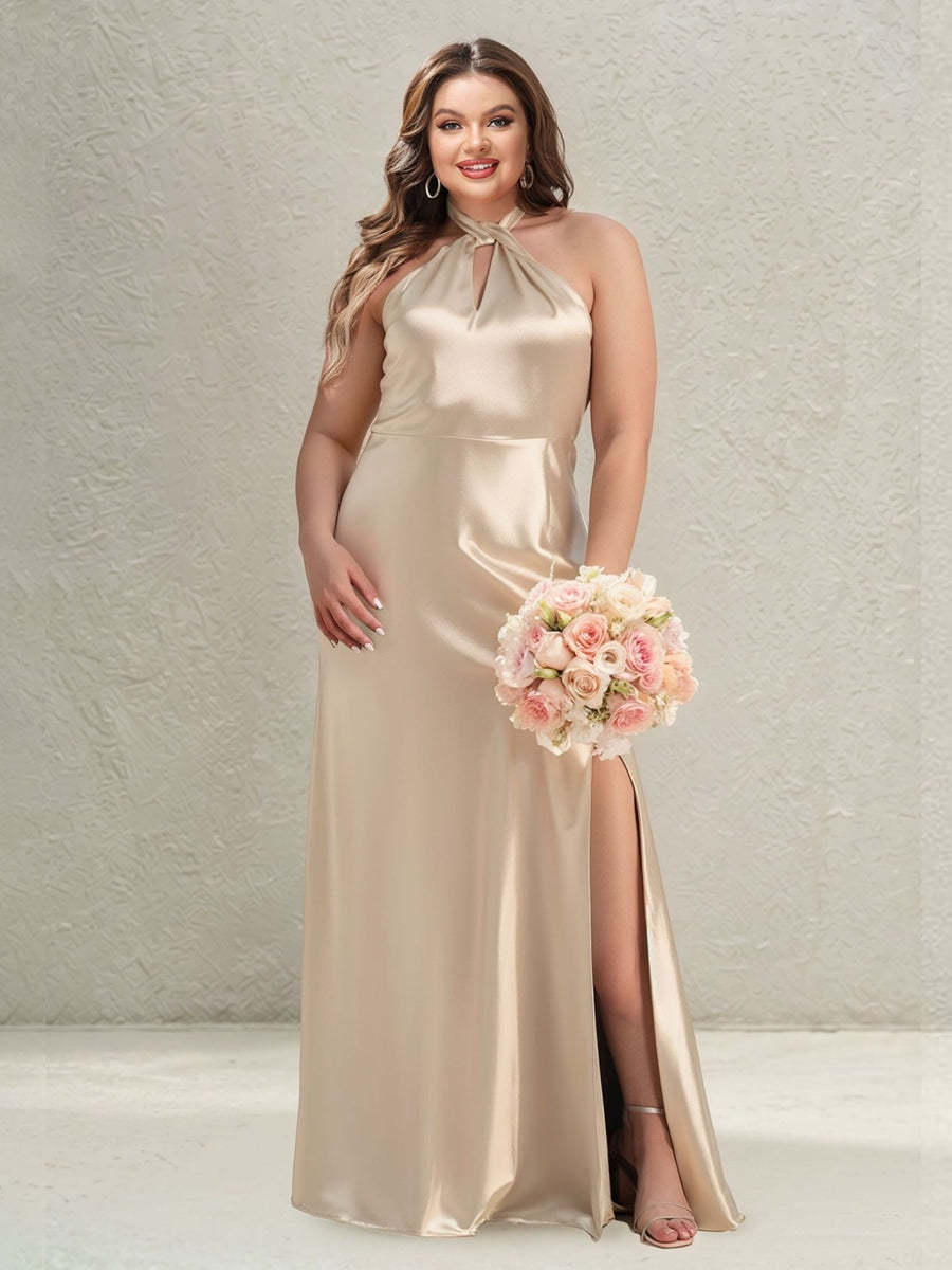 Floor-Length Plus Size Halter Bridesmaid Dresses with Side Split
