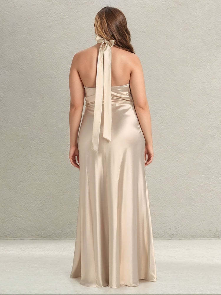 Floor-Length Plus Size Halter Bridesmaid Dresses with Side Split