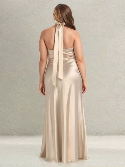 Floor-Length Plus Size Halter Bridesmaid Dresses with Side Split