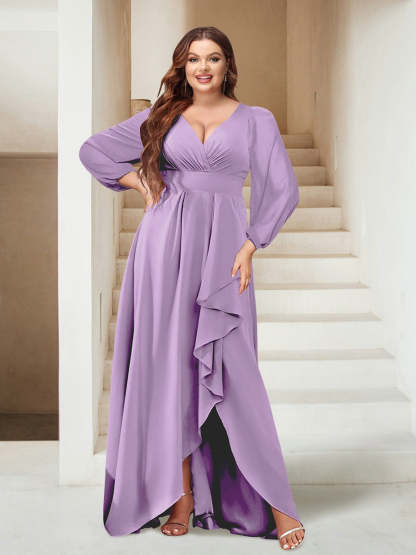 Plus Size V-Neck A-Line/Princess Asymmetrical Bridesmaid Dress with Side Split