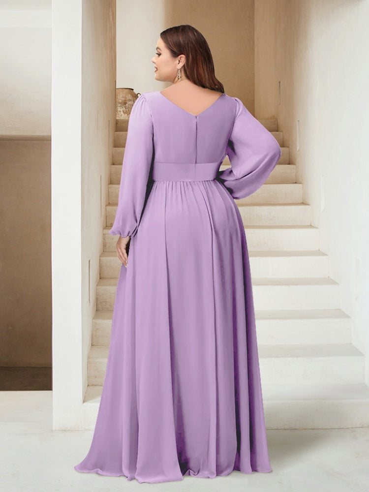 Plus Size V-Neck A-Line/Princess Asymmetrical Bridesmaid Dress with Side Split