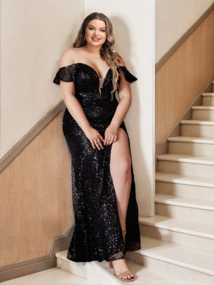 Plus Size Off-the-Shoulder Sequined Bridesmaid Dresses with Side Split