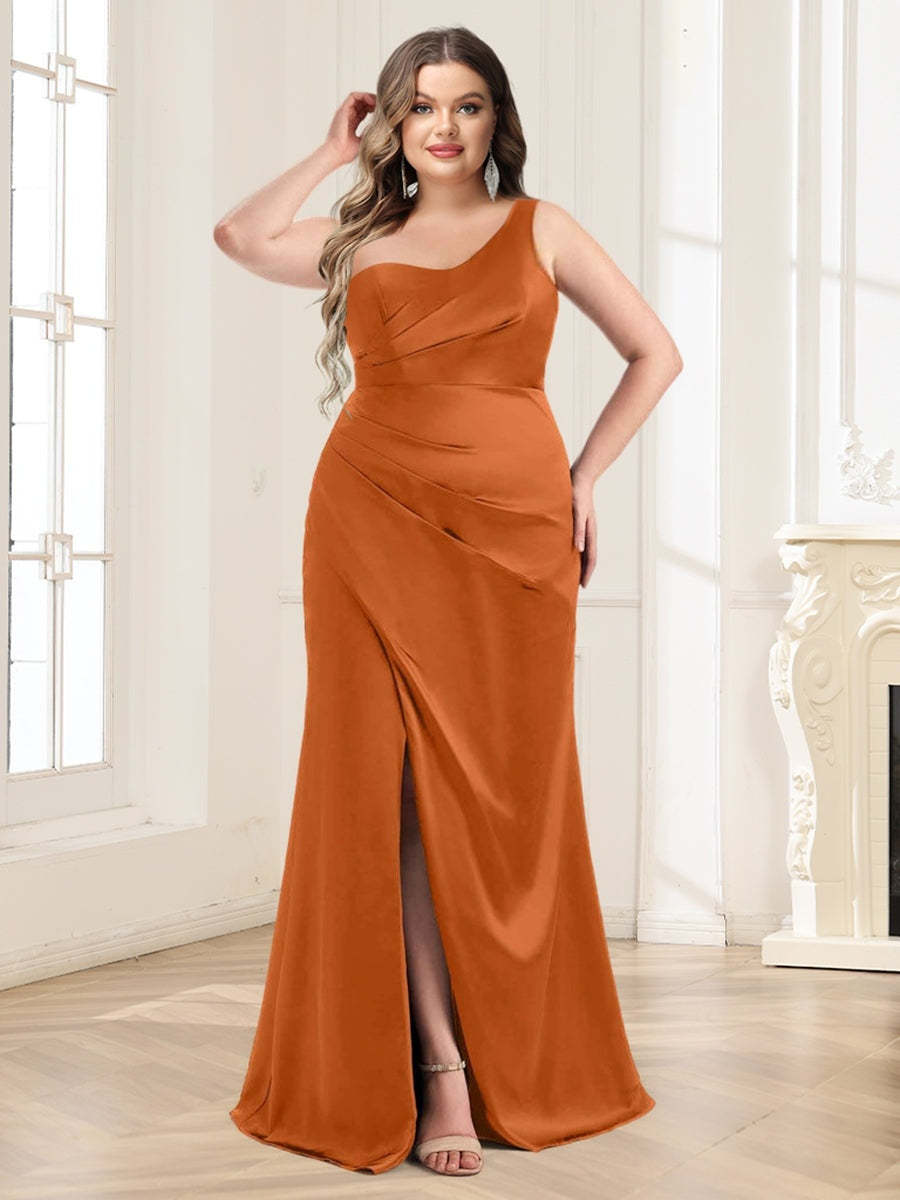 Plus Size One-Shoulder Mermaid/Trumpet Floor-Length Ruched Bridesmaid Gown