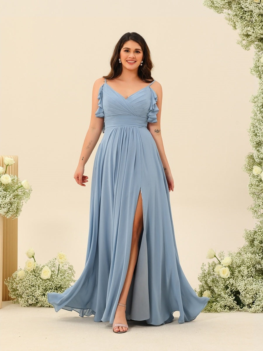 Plus Size Spaghetti Strap A-Line Princess Bridesmaid Dress with Side Split and Ruched Detail