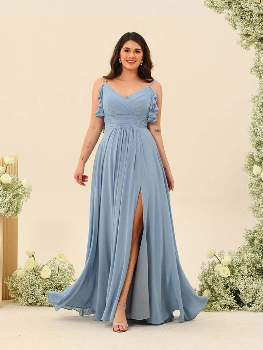 Plus Size Spaghetti Strap A-Line Princess Bridesmaid Dress with Side Split and Ruched Detail