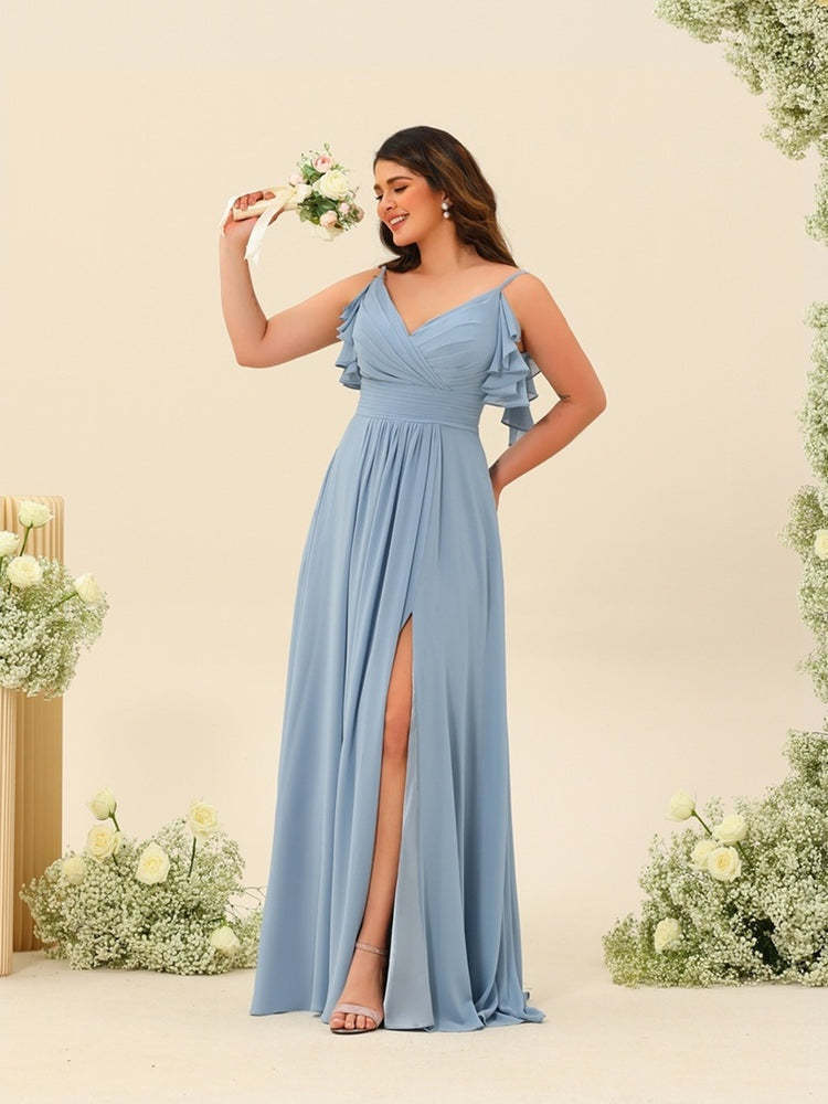 Plus Size Spaghetti Strap A-Line Princess Bridesmaid Dress with Side Split and Ruched Detail