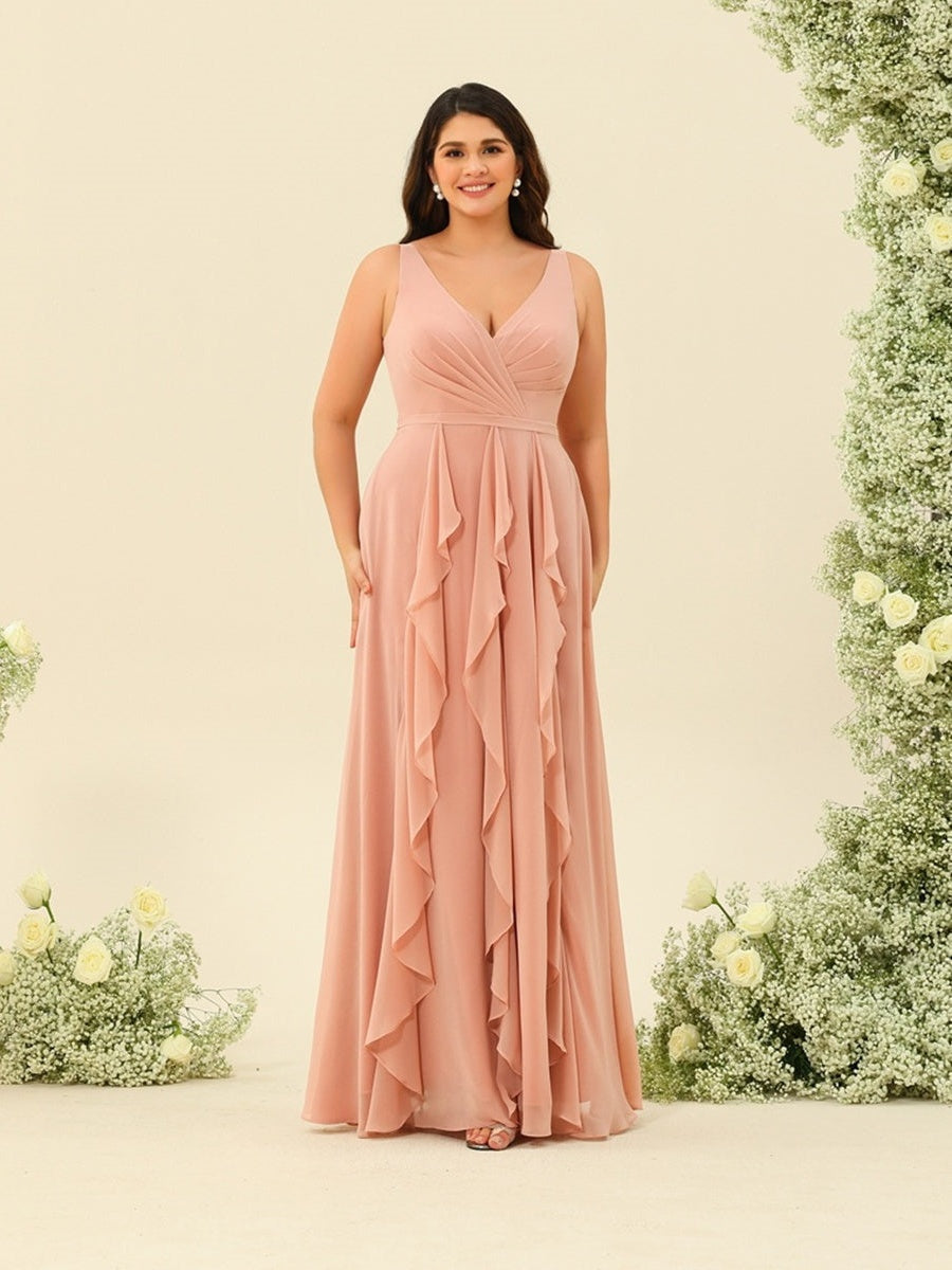 V-Neck Sleeveless A-Line Princess Long Plus Size Ruched Bridesmaid Dress with Ruffles