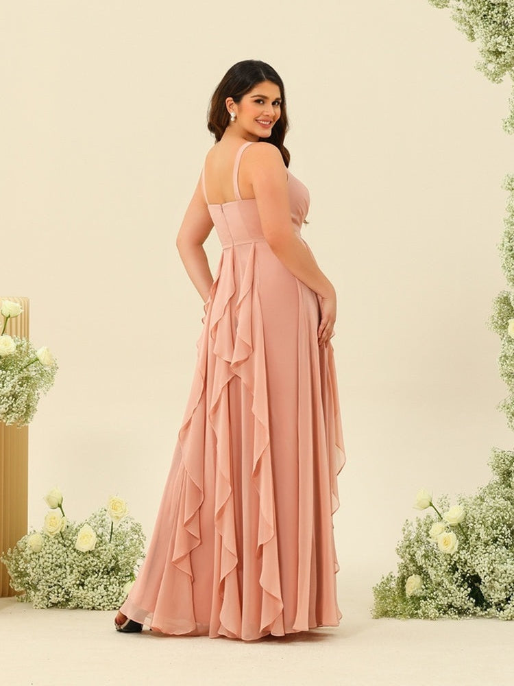 V-Neck Sleeveless A-Line Princess Long Plus Size Ruched Bridesmaid Dress with Ruffles