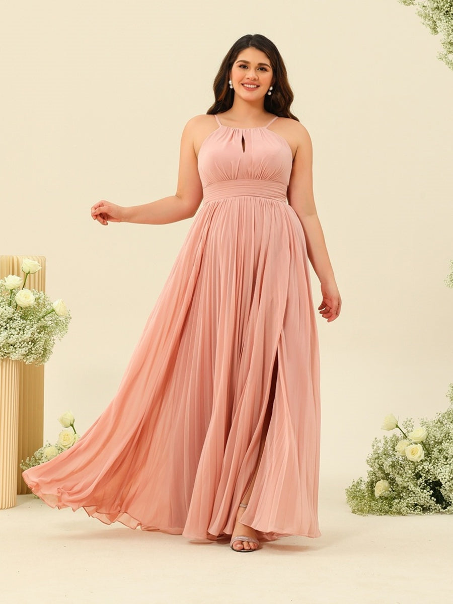 Plus Size Long A-Line Bridesmaid Dresses with Halter Neck, Side Split, and Ruffles