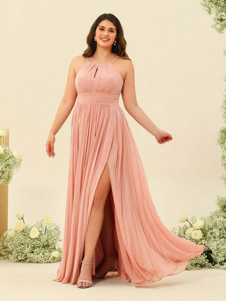Plus Size Long A-Line Bridesmaid Dresses with Halter Neck, Side Split, and Ruffles