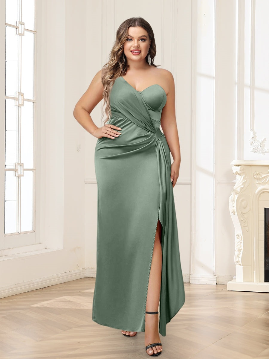 One-Shoulder Ankle-Length Plus Size Bridesmaid Dress with Side Split