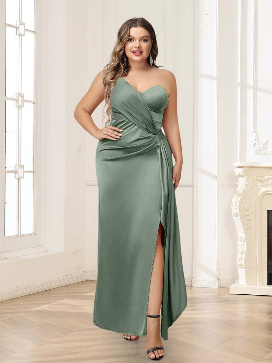One-Shoulder Ankle-Length Plus Size Bridesmaid Dress with Side Split