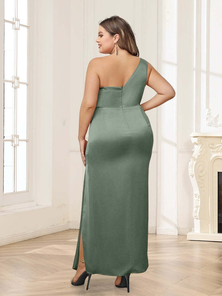 One-Shoulder Ankle-Length Plus Size Bridesmaid Dress with Side Split