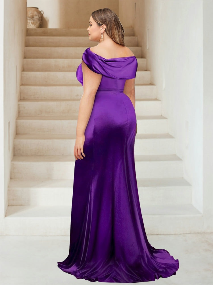 Off-the-Shoulder Bridesmaid Dresses with Sweep Train, Side Split & Ruffles in Trumpet/Mermaid Style