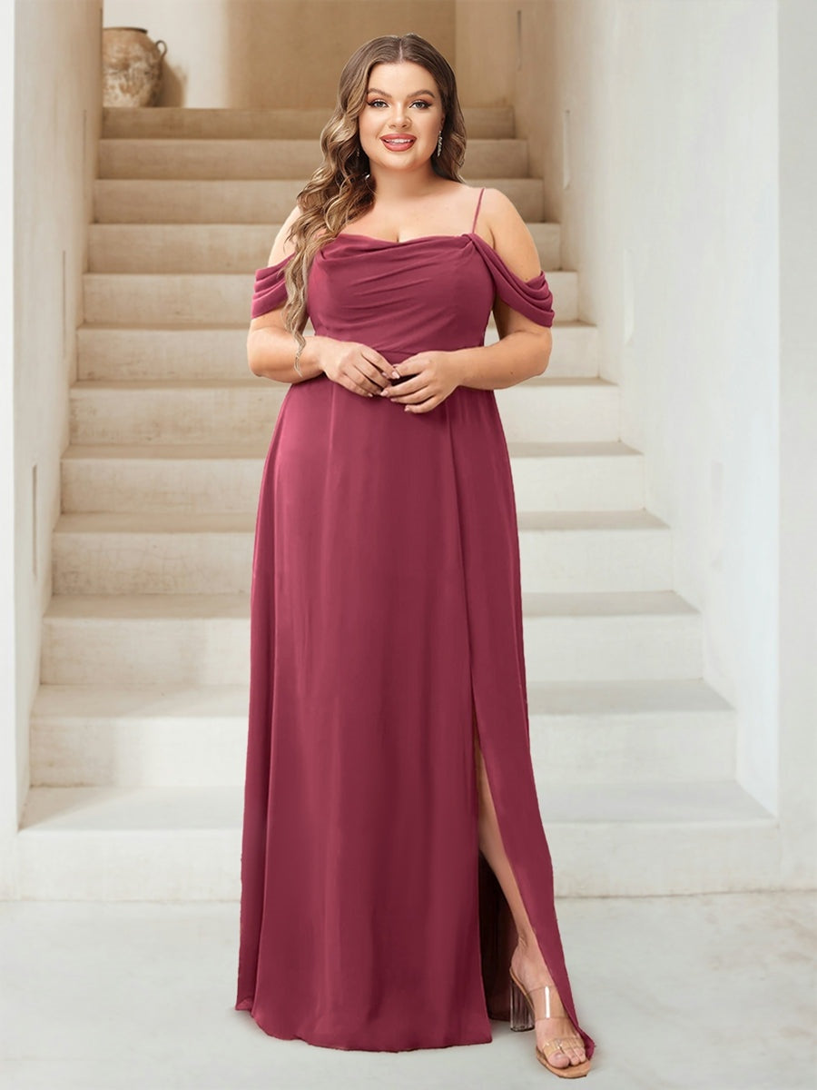 Plus Size Floor-Length Chiffon Bridesmaid Dress with Cowl Neck and Side Split in A-Line/Princess Style-BMbridal.UK