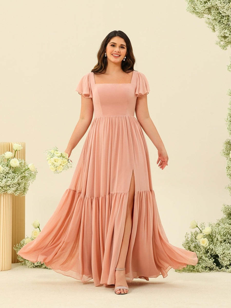Plus Size Bridesmaid Dresses with Ruffles, Short Sleeves, and Floor-Length A-Line/Princess Silhouette-BMbridal.UK