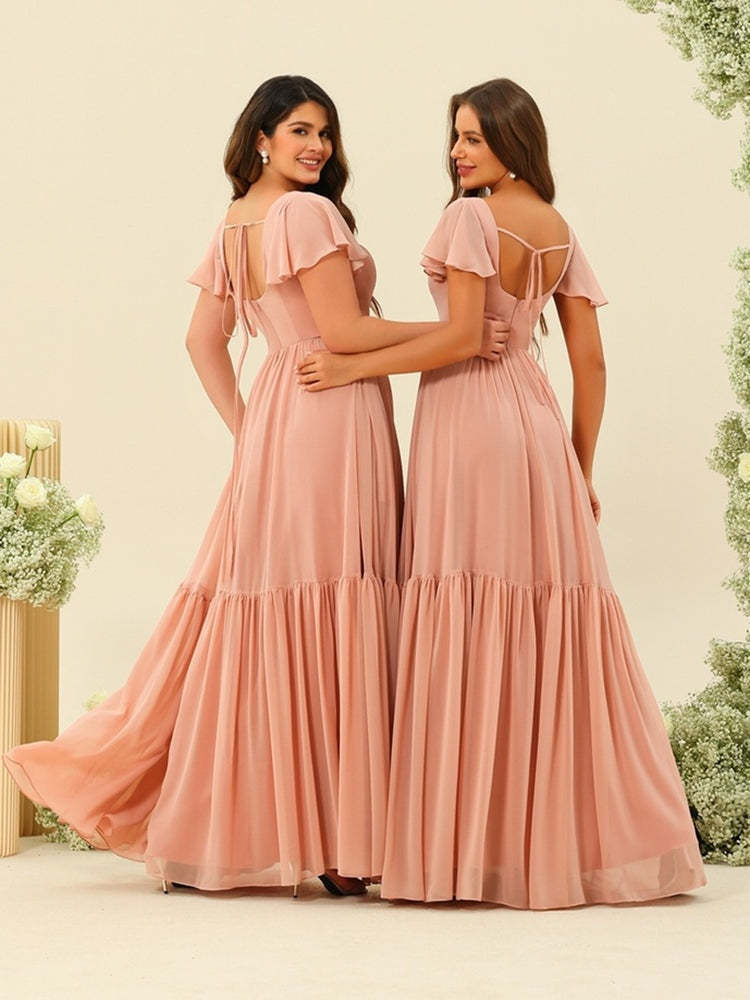 Plus Size Bridesmaid Dresses with Ruffles, Short Sleeves, and Floor-Length A-Line/Princess Silhouette-BMbridal.UK