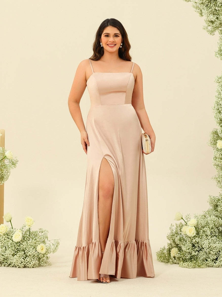Plus Size Bridesmaid Dresses with Spaghetti Straps Lace-Up Back and Side Split in A-Line/Princess Silhouette-BMbridal.UK