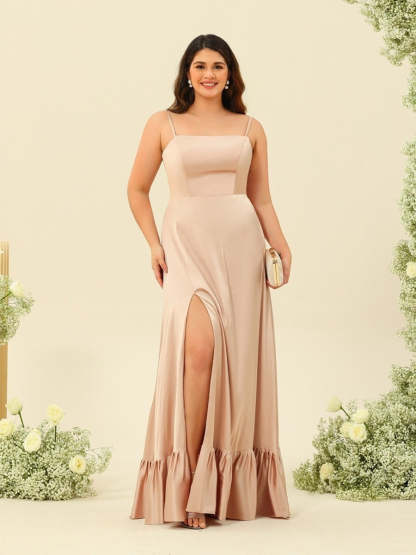 Plus Size Bridesmaid Dresses with Spaghetti Straps Lace-Up Back and Side Split in A-Line/Princess Silhouette-BMbridal.UK