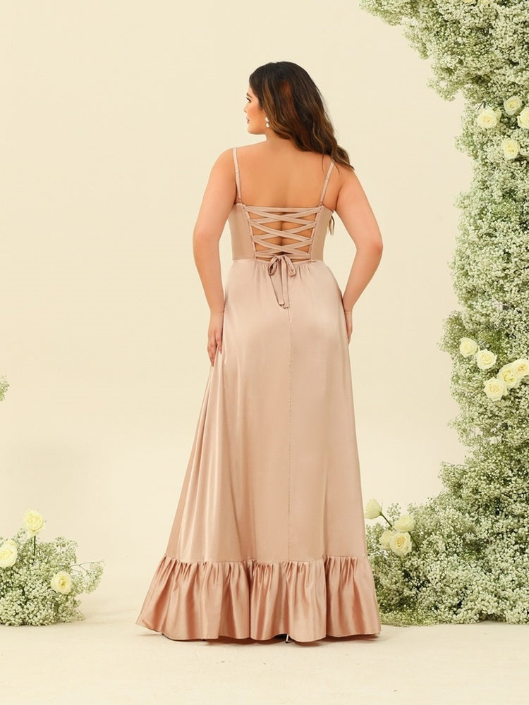 Plus Size Spaghetti Strap A-Line Bridesmaid Dress with Princess Lace-Up and Side Split