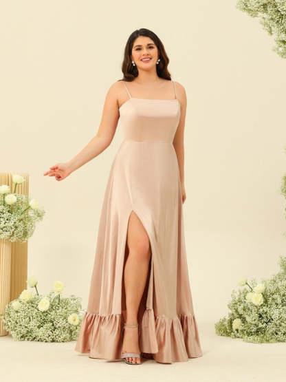 Plus Size Bridesmaid Dresses with Spaghetti Straps Lace-Up Back and Side Split in A-Line/Princess Silhouette-BMbridal.UK