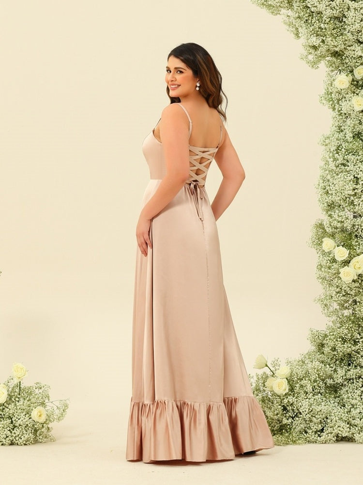 Plus Size Bridesmaid Dresses with Spaghetti Straps Lace-Up Back and Side Split in A-Line/Princess Silhouette-BMbridal.UK