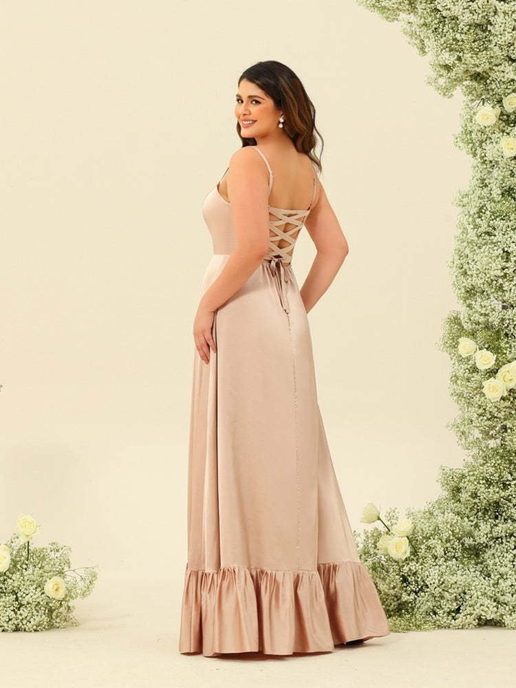 Plus Size Bridesmaid Dresses with Spaghetti Straps Lace-Up Back and Side Split in A-Line/Princess Silhouette-BMbridal.UK