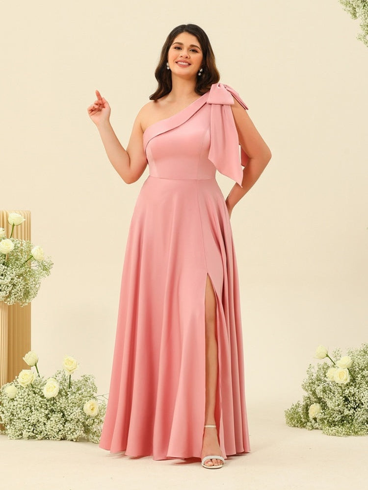 Plus Size Bridesmaid Dresses with One-Shoulder A-Line/Princess Cut and Side Split
