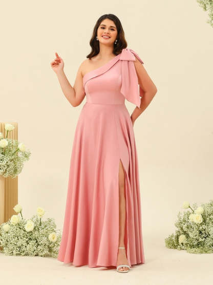 Plus Size One-Shoulder A-Line Princess Bridesmaid Dress with Side Split