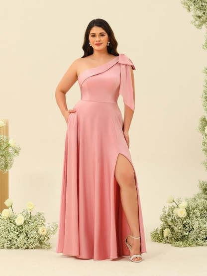 Plus Size One-Shoulder A-Line Princess Bridesmaid Dress with Side Split