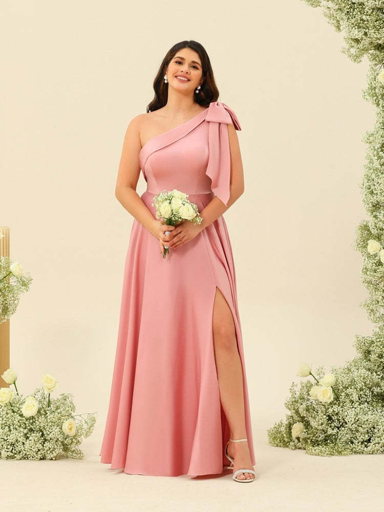 Plus Size One-Shoulder A-Line Princess Bridesmaid Dress with Side Split