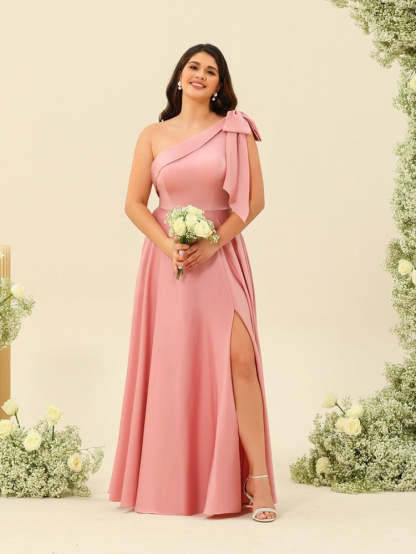 Plus Size One-Shoulder A-Line Princess Bridesmaid Dress with Side Split