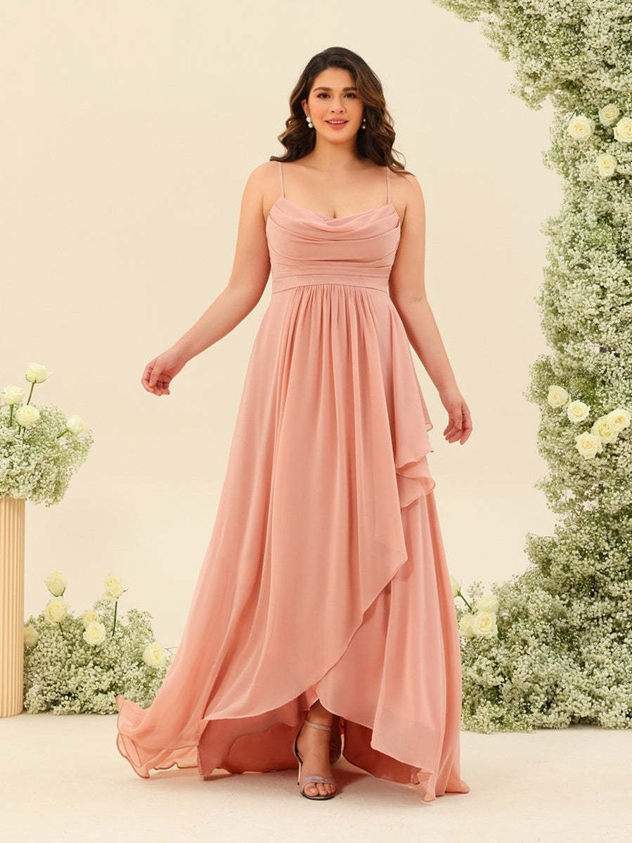 Plus Size Bridesmaid Dresses with Asymmetrical Spaghetti Straps and A-Line Princess Ruffles