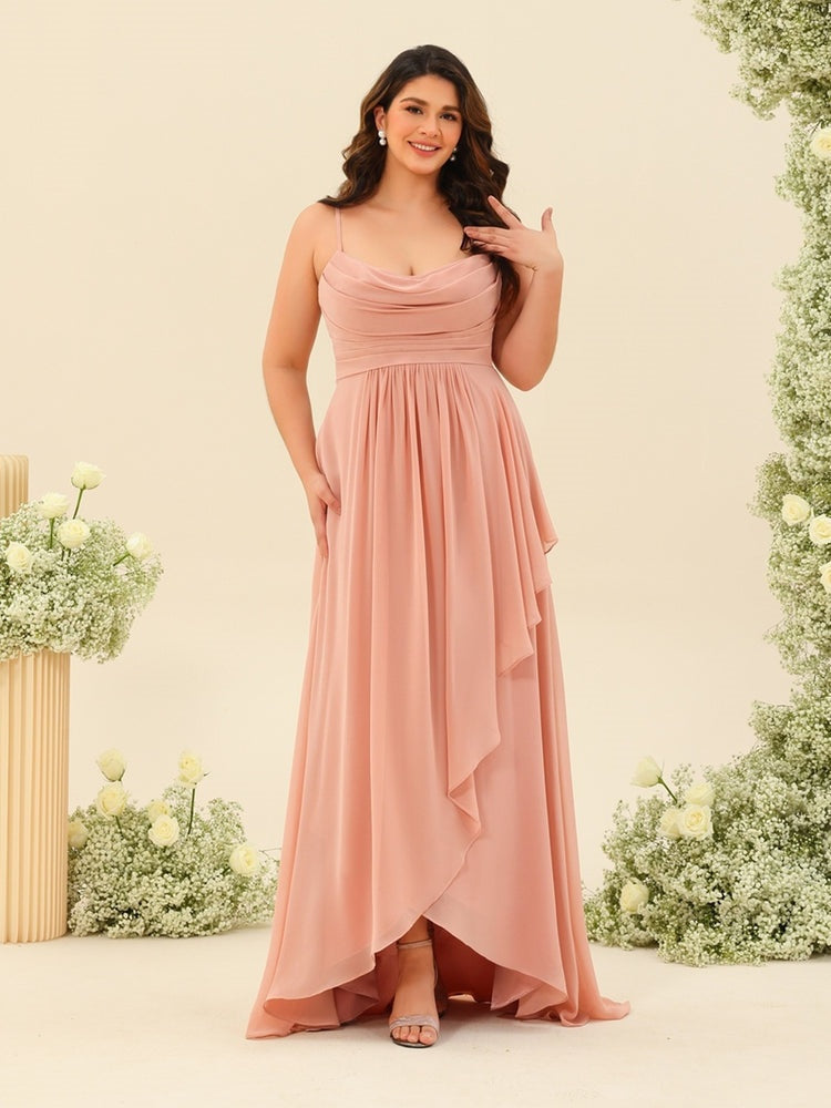 Plus Size Bridesmaid Dresses with Asymmetrical Spaghetti Straps and A-Line Princess Ruffles