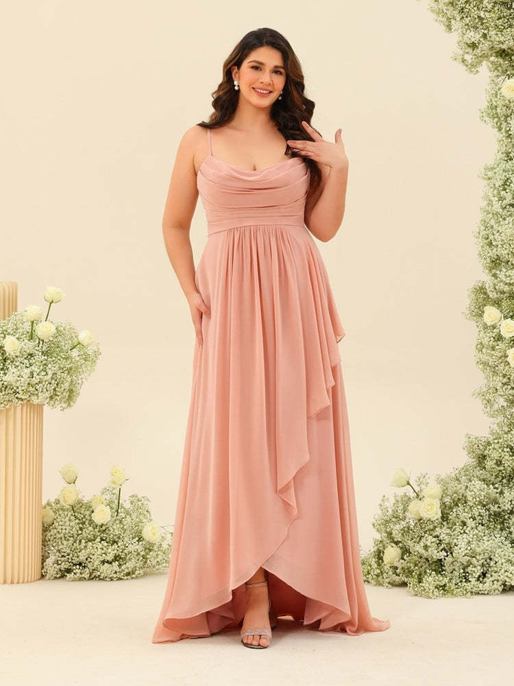 Plus Size Bridesmaid Dresses with Asymmetrical Spaghetti Straps and A-Line Princess Ruffles