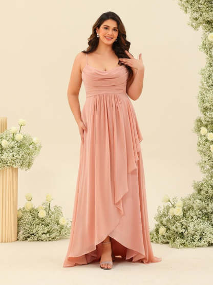 Plus Size Bridesmaid Dresses with Asymmetrical Spaghetti Straps and A-Line Princess Ruffles