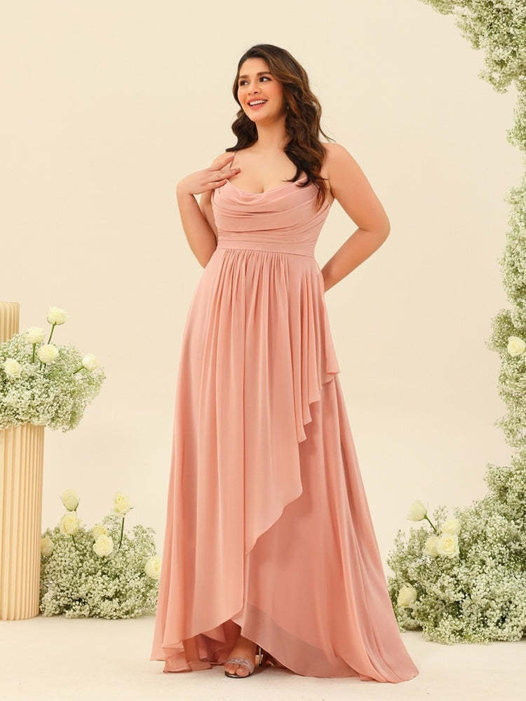 Plus Size Bridesmaid Dresses with Asymmetrical Spaghetti Straps and A-Line Princess Ruffles