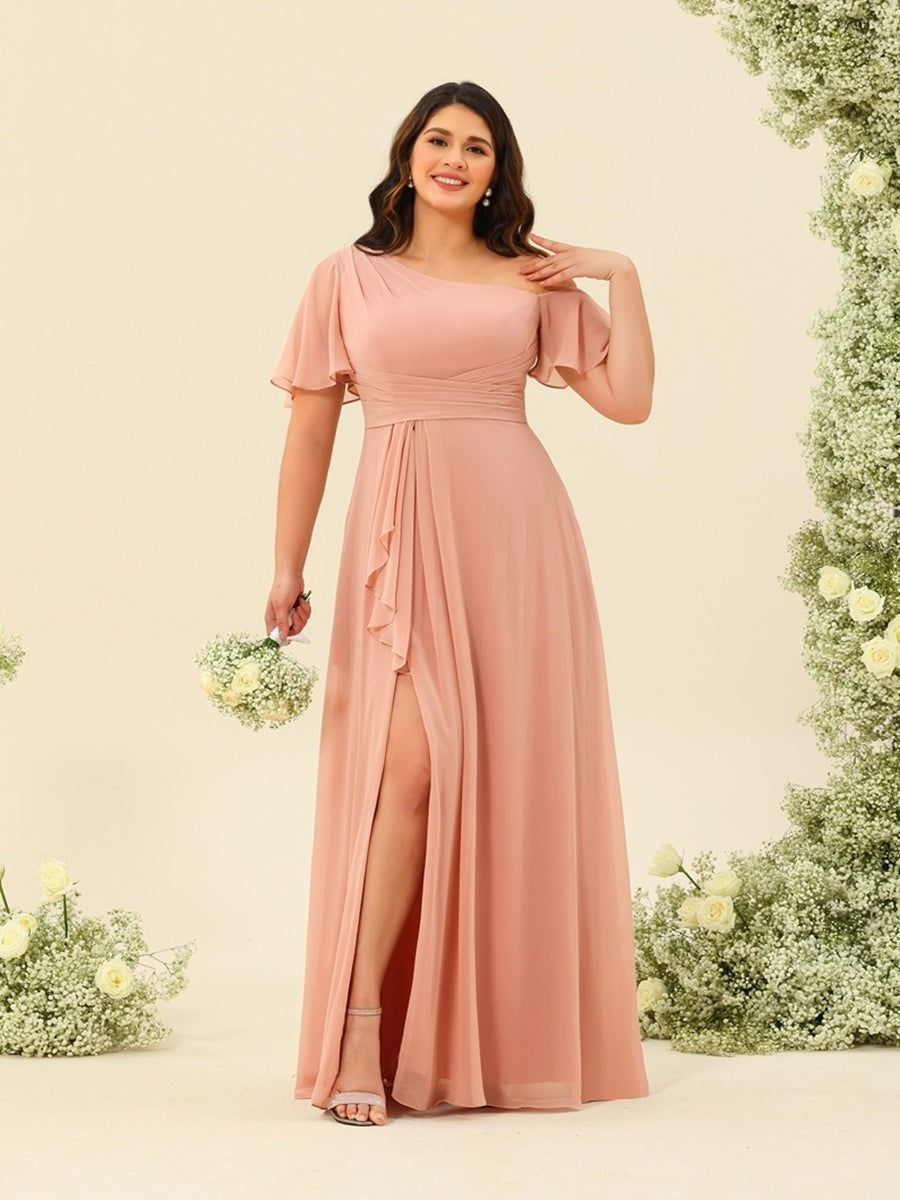 Plus Size One-Shoulder A-Line Princess Bridesmaid Dress with Side Split and Floor-Length Hem