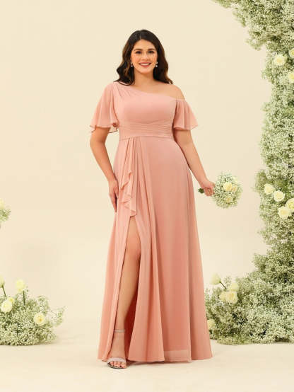 Plus Size One-Shoulder A-Line Princess Bridesmaid Dress with Side Split and Floor-Length Hem