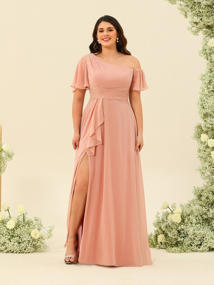 Plus Size One-Shoulder A-Line Princess Bridesmaid Dress with Side Split and Floor-Length Hem