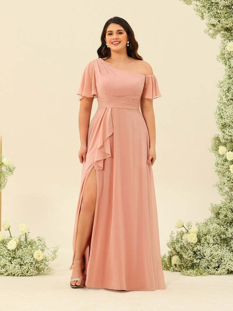 Plus Size One-Shoulder A-Line Princess Bridesmaid Dress with Side Split and Floor-Length Hem