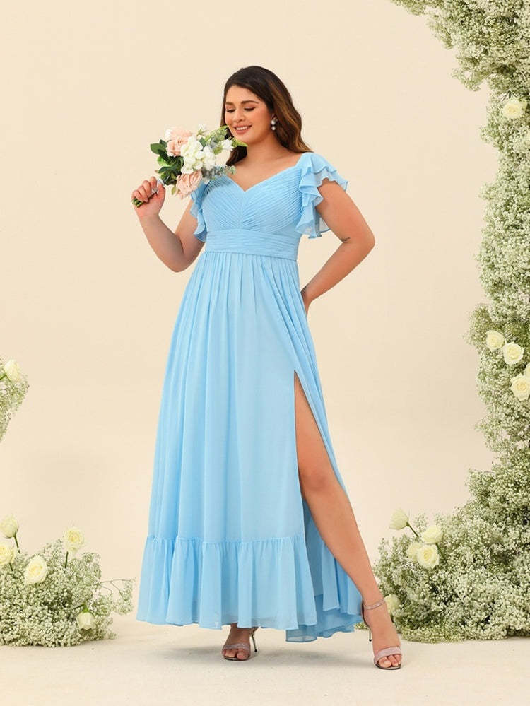 Plus Size Sleeveless A-Line Bridesmaid Dress with Ruffles, Princess Ankle-Length
