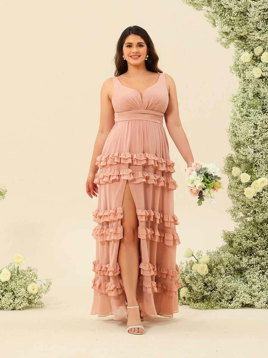 Plus Size Sleeveless A-Line Princess Bridesmaid Dresses with Appliques in Floor-Length