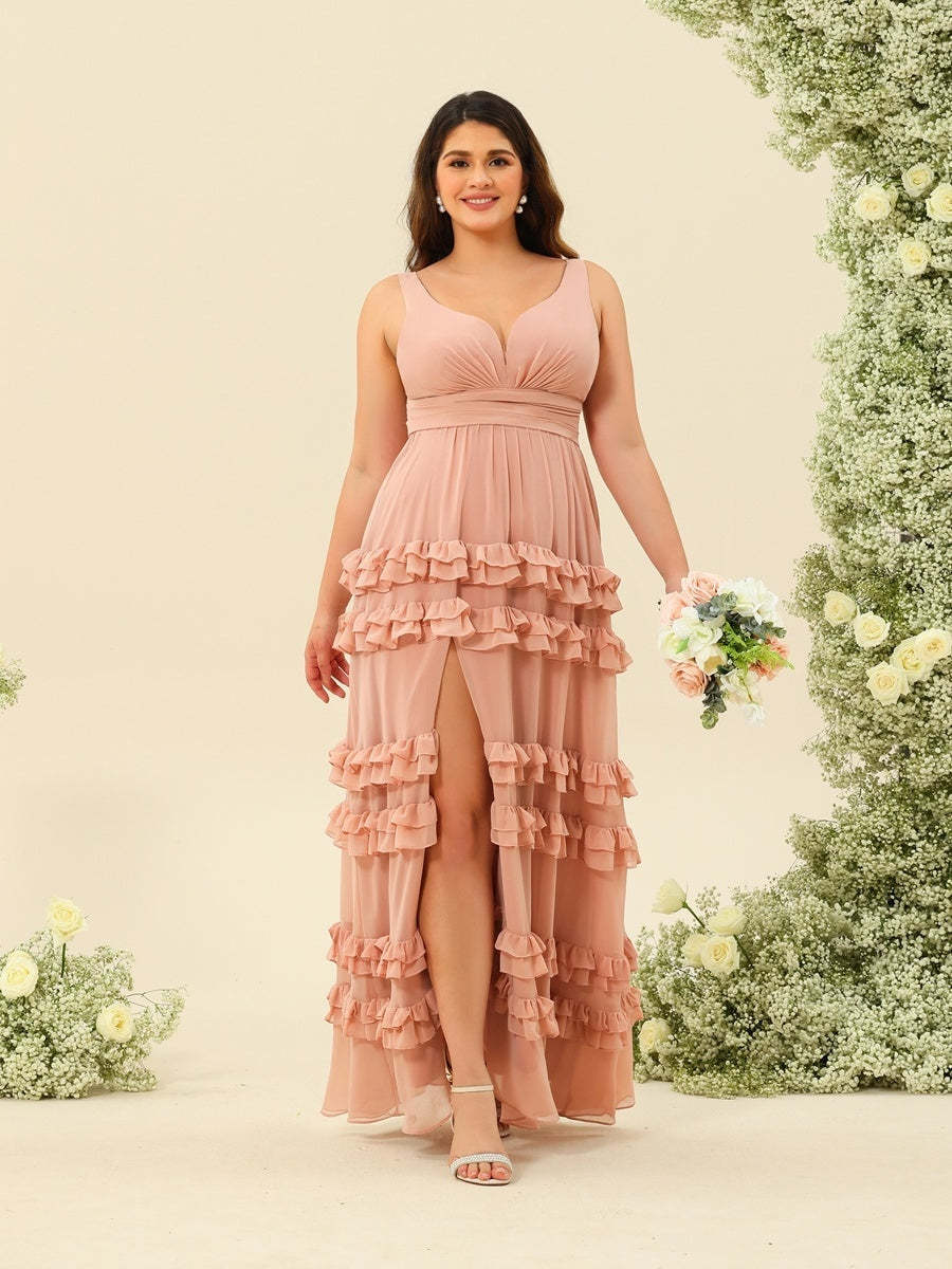 Plus Size Sleeveless A-Line Princess Bridesmaid Dresses with Appliques in Floor-Length