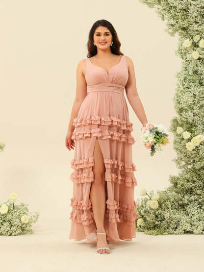 Plus Size Sleeveless A-Line Princess Bridesmaid Dresses with Appliques in Floor-Length