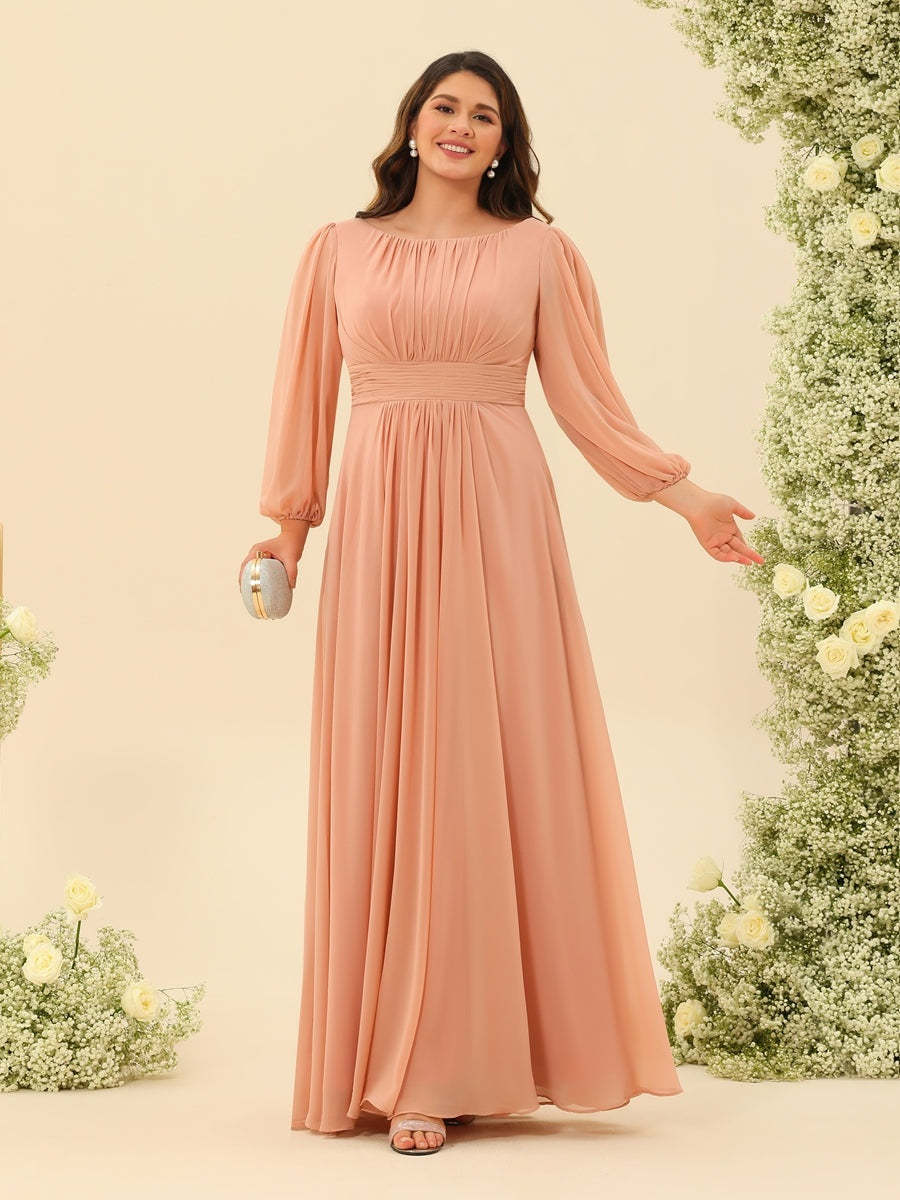 Plus Size Long-Sleeve A-Line Bridesmaid Gown with Princess Cut and Floor-Length Sash